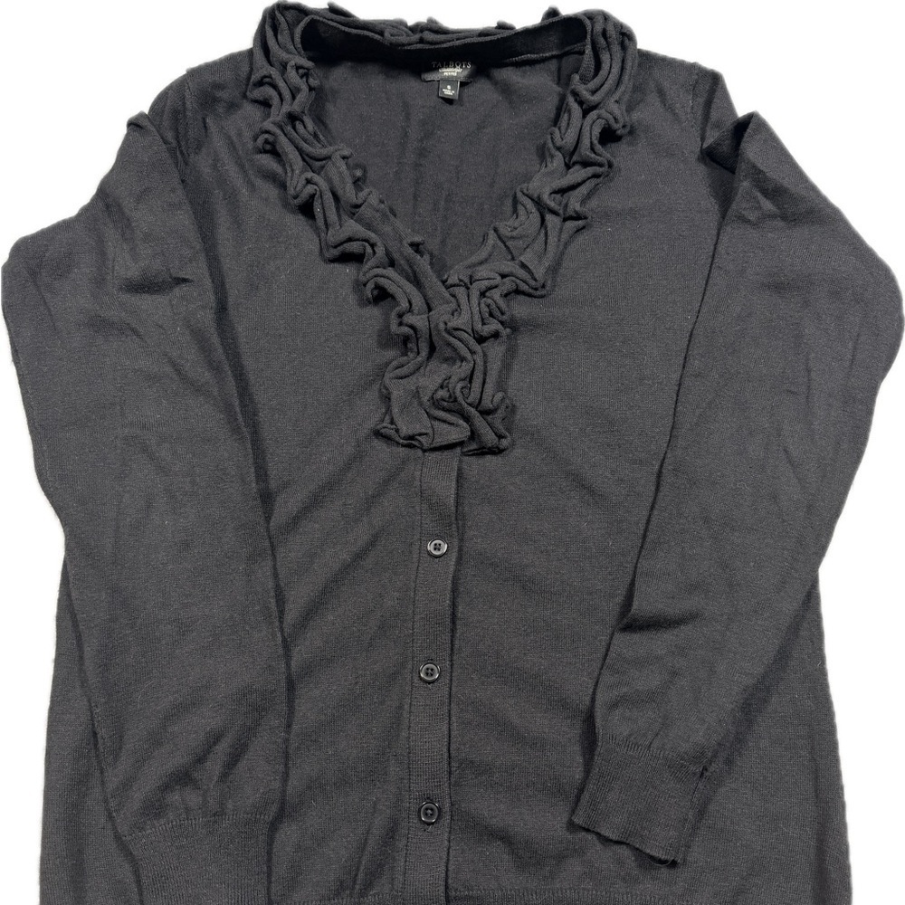Talbots Petite Women’s Small Black Ruffle Cardigan Sweater Button Front Classic